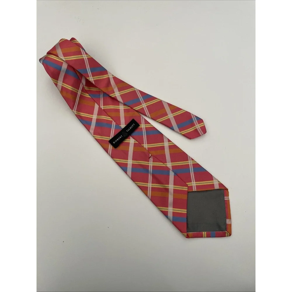 Robert Talbott Mens Red Plaid Silk Necktie Hand Sewn USA Blue Yellow Striped Tie
